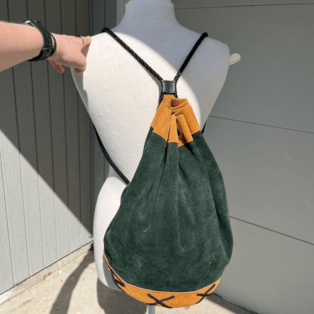 VTG Forest Green Suede Leather Drawstring Backpack USA Boho Minimalist - Picture 3 of 12